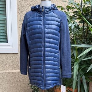 New Calvin Klein Navy Lightweight Premium Down Jacket with Hood and Pockets